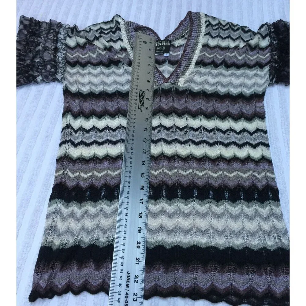 Jean Paul Gaultier Womens Small Short Sleeve Ruffle Lace Knit Top Chevron Gray - Picture 2 of 10
